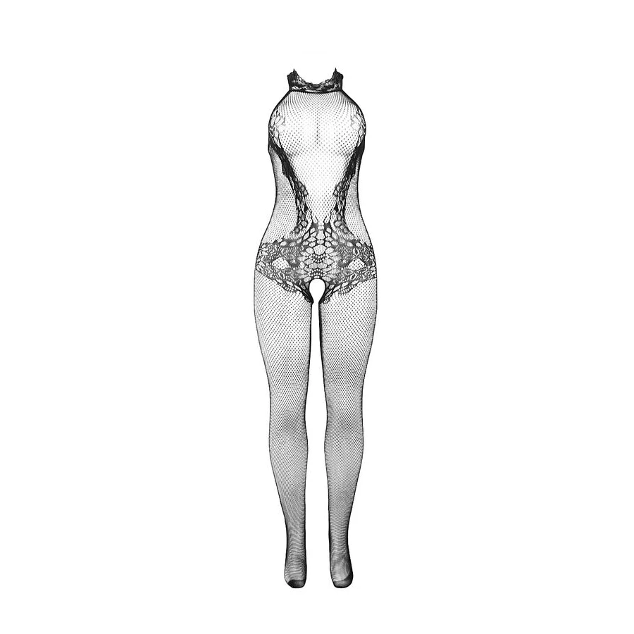 SUBBLIME - 951801 FISHNET AND LACE CROTCHLESS BODYSTOCKING WITH HIGH NECK BLACK ONE SIZE